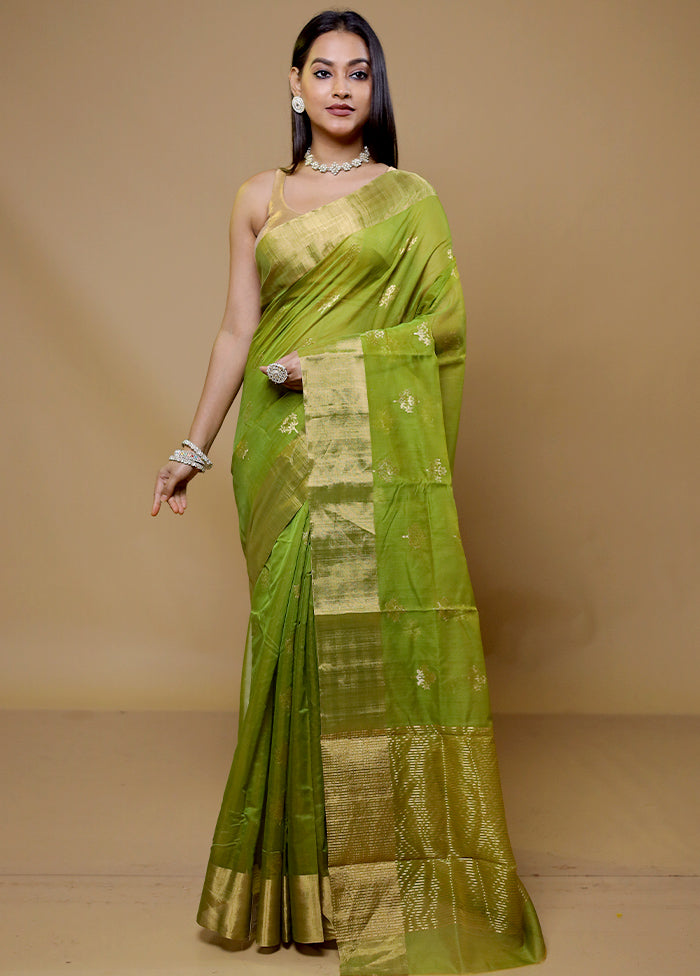 Green Handloom Chanderi Pure Cotton Saree With Blouse Piece