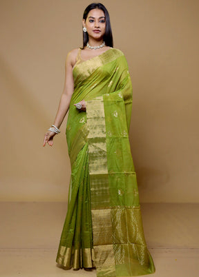 Green Handloom Chanderi Pure Cotton Saree With Blouse Piece