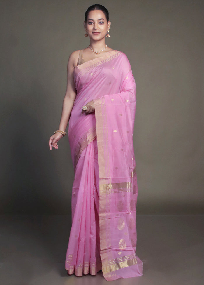 Pink Handloom Chanderi Pure Cotton Saree With Blouse Piece