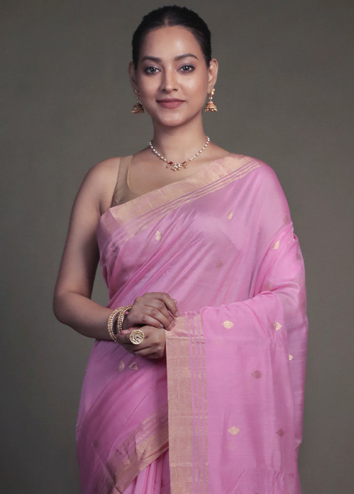 Pink Handloom Chanderi Pure Cotton Saree With Blouse Piece