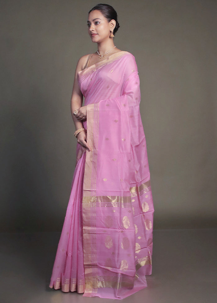 Pink Handloom Chanderi Pure Cotton Saree With Blouse Piece