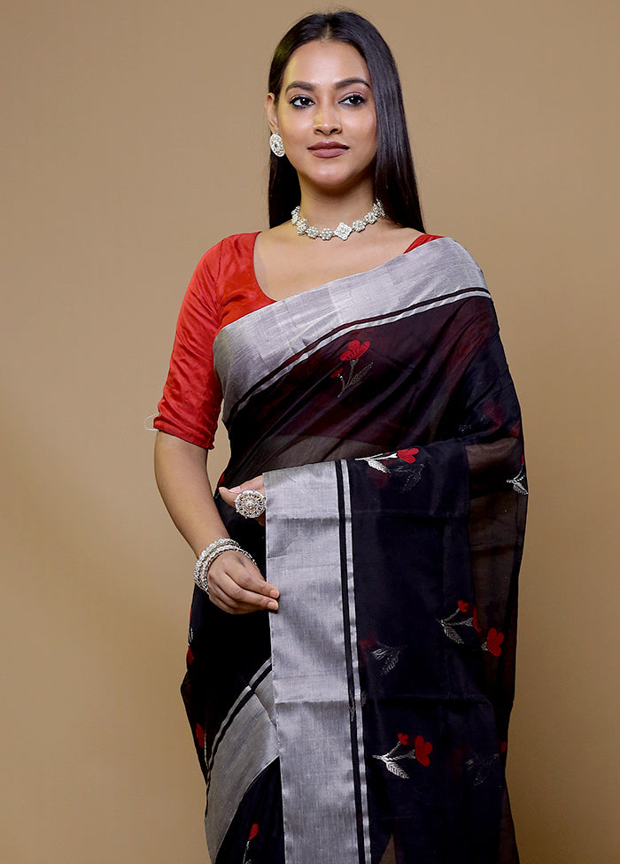 Black Handloom Chanderi Pure Cotton Saree With Blouse Piece