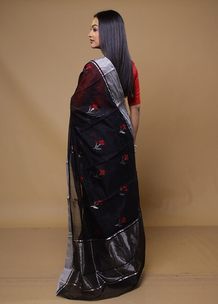 Black Handloom Chanderi Pure Cotton Saree With Blouse Piece