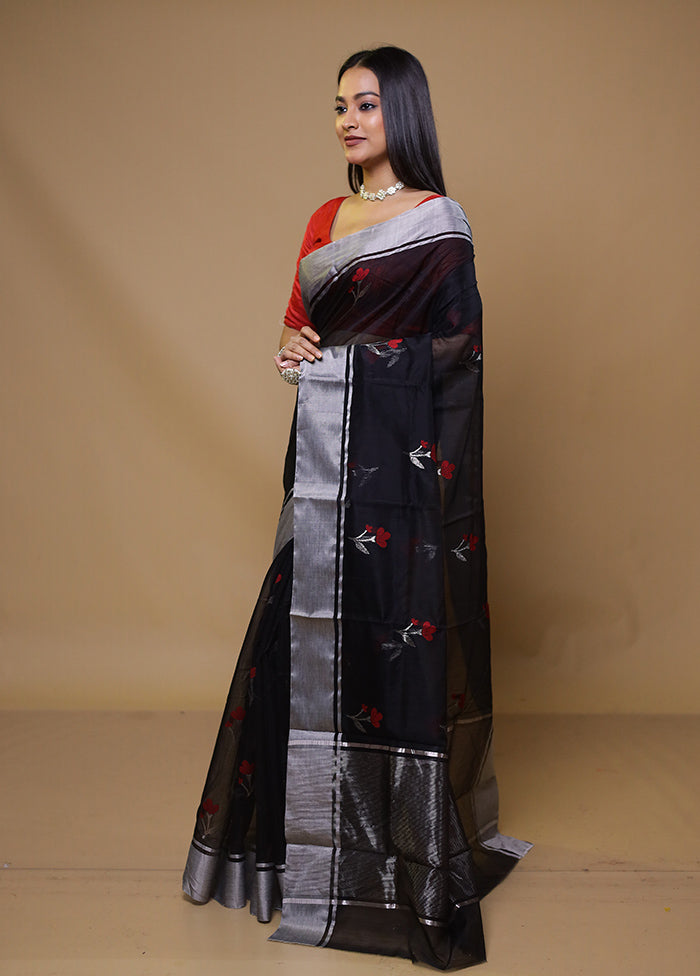 Black Handloom Chanderi Pure Cotton Saree With Blouse Piece