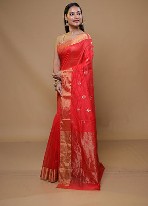 Red Handloom Chanderi Pure Cotton Saree With Blouse Piece