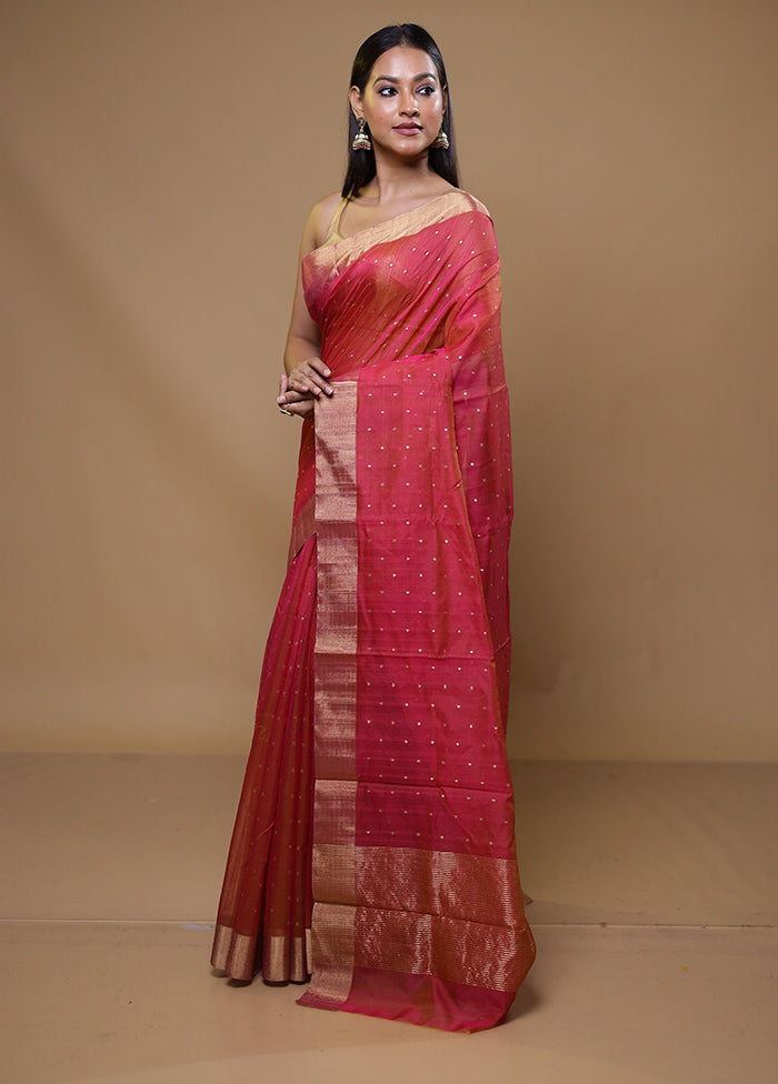 Red Handloom Chanderi Pure Cotton Saree With Blouse Piece