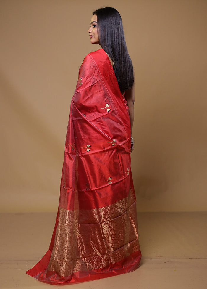 Red Handloom Chanderi Pure Cotton Saree With Blouse Piece