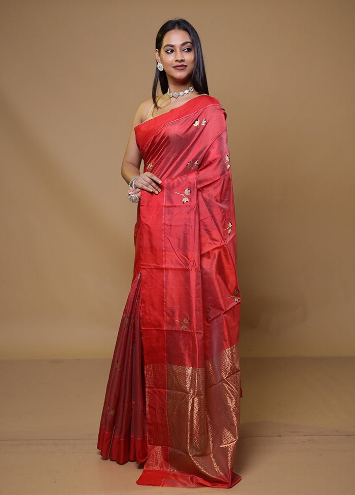 Red Handloom Chanderi Pure Cotton Saree With Blouse Piece