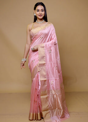 Pink Handloom Chanderi Pure Cotton Saree With Blouse Piece