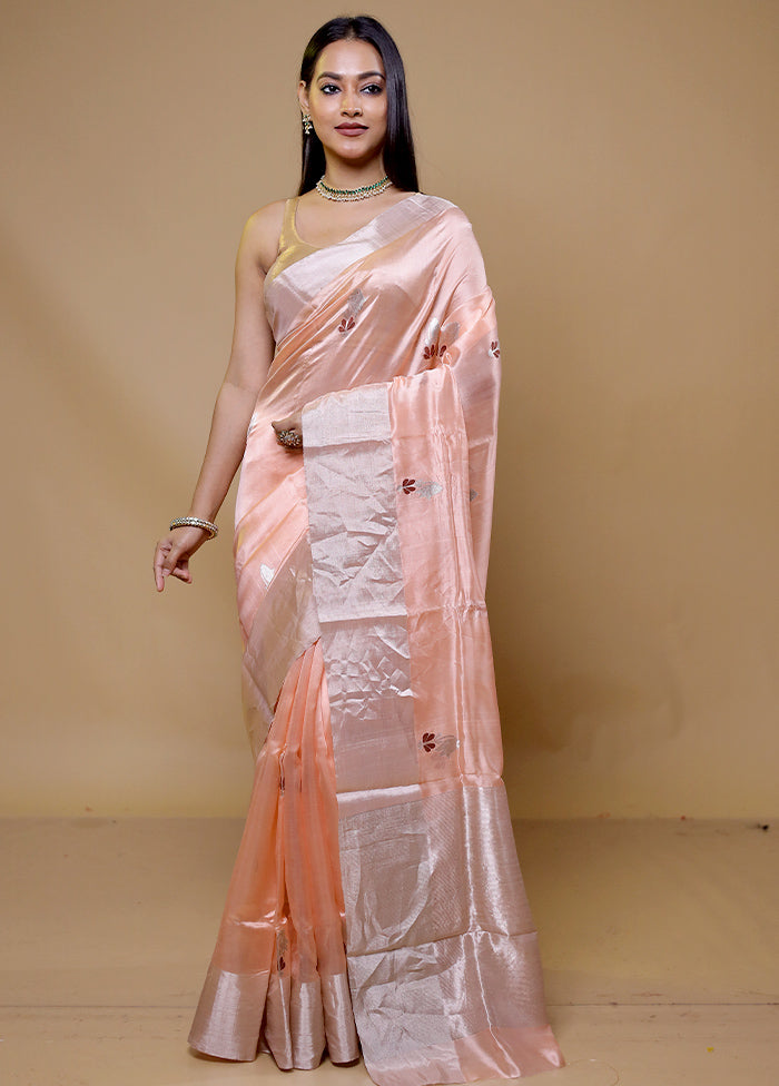 Peach Handloom Chanderi Pure Cotton Saree With Blouse Piece