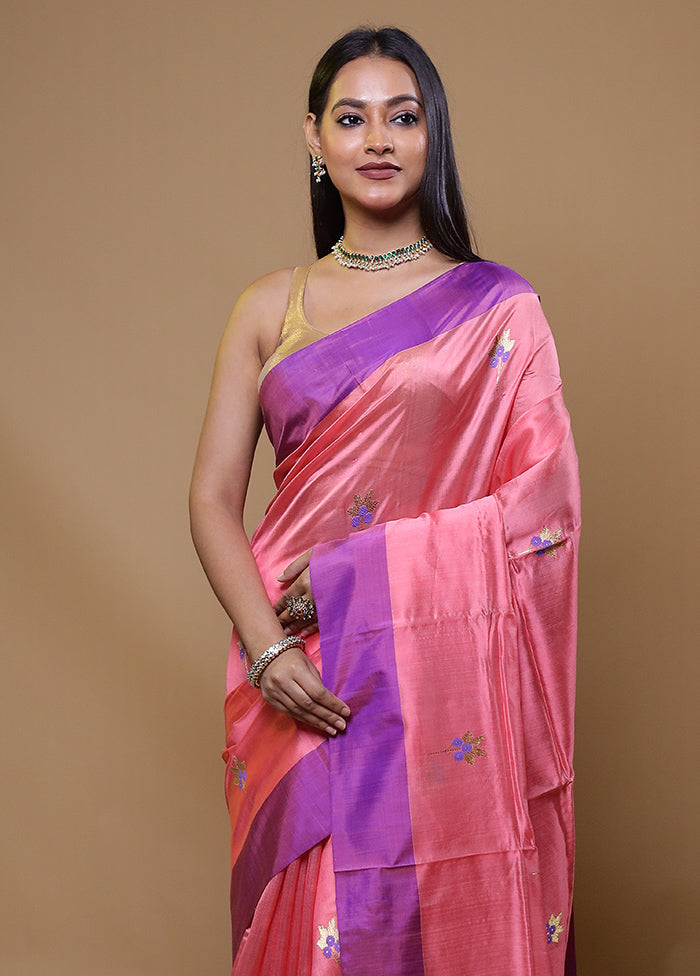 Pink Handloom Chanderi Pure Cotton Saree With Blouse Piece