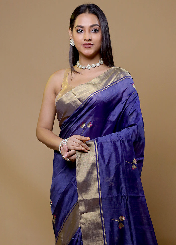 Blue Handloom Chanderi Pure Cotton Saree With Blouse Piece