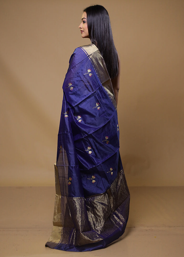 Blue Handloom Chanderi Pure Cotton Saree With Blouse Piece