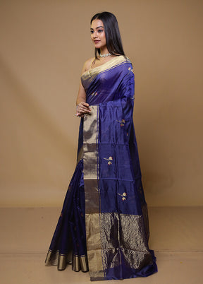 Blue Handloom Chanderi Pure Cotton Saree With Blouse Piece