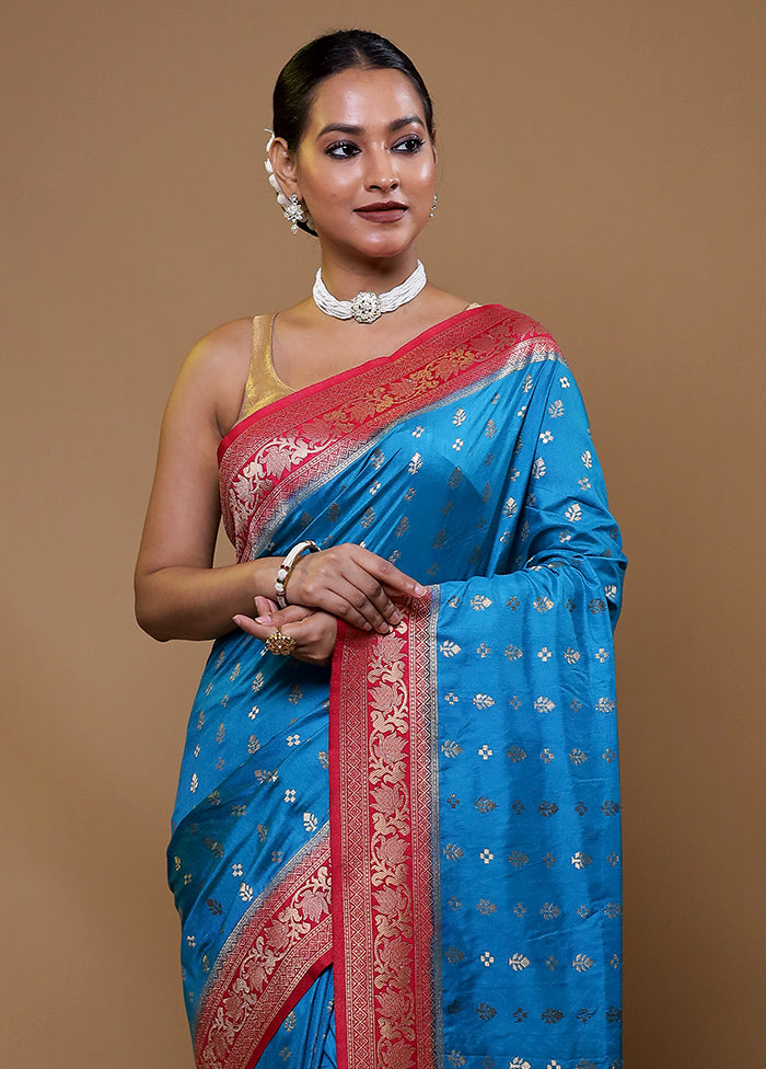 Blue Dupion Silk Saree With Blouse Piece