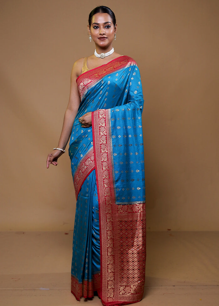 Blue Dupion Silk Saree With Blouse Piece