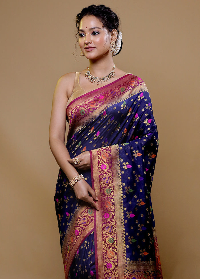 Blue Dupion Silk Saree With Blouse Piece