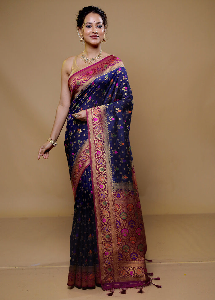 Blue Dupion Silk Saree With Blouse Piece