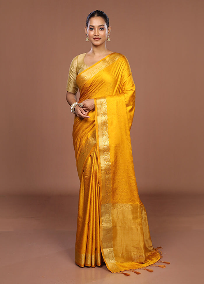 Yellow Dupion Silk Saree With Blouse Piece