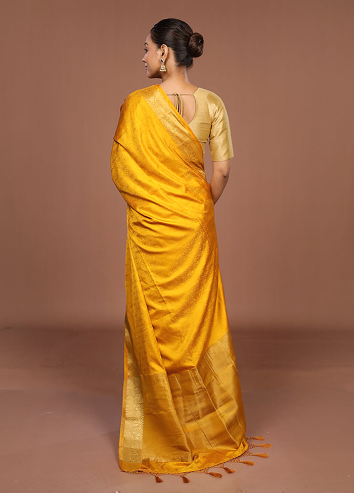 Yellow Dupion Silk Saree With Blouse Piece