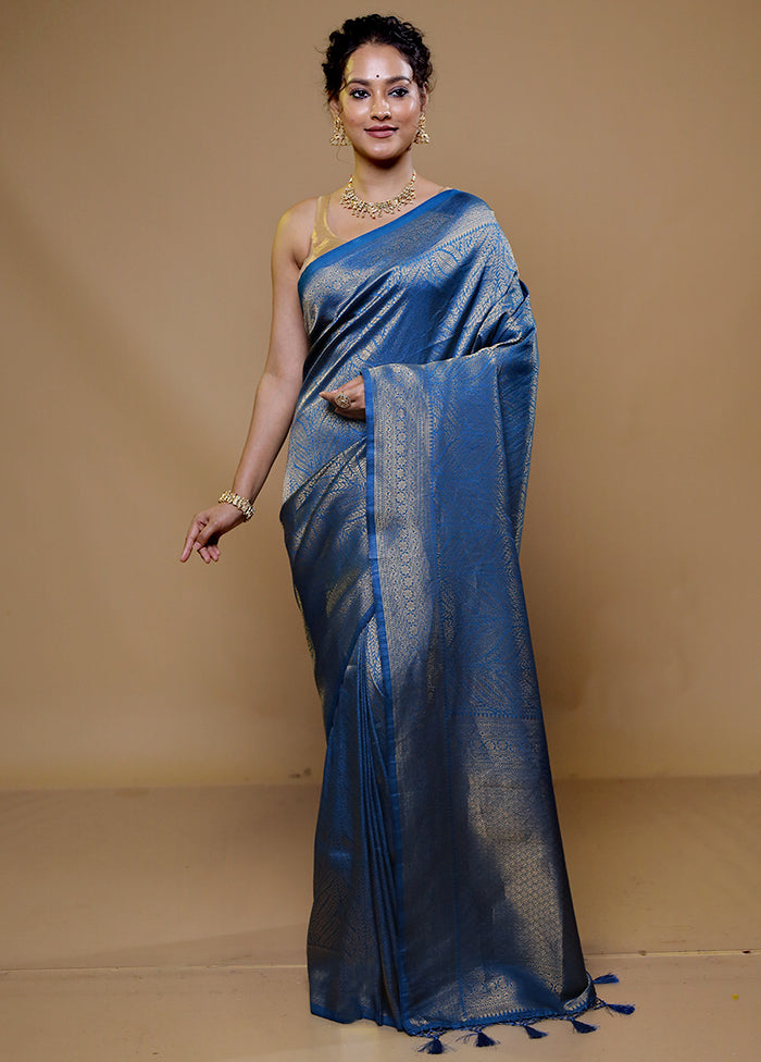 Blue Dupion Silk Saree With Blouse Piece