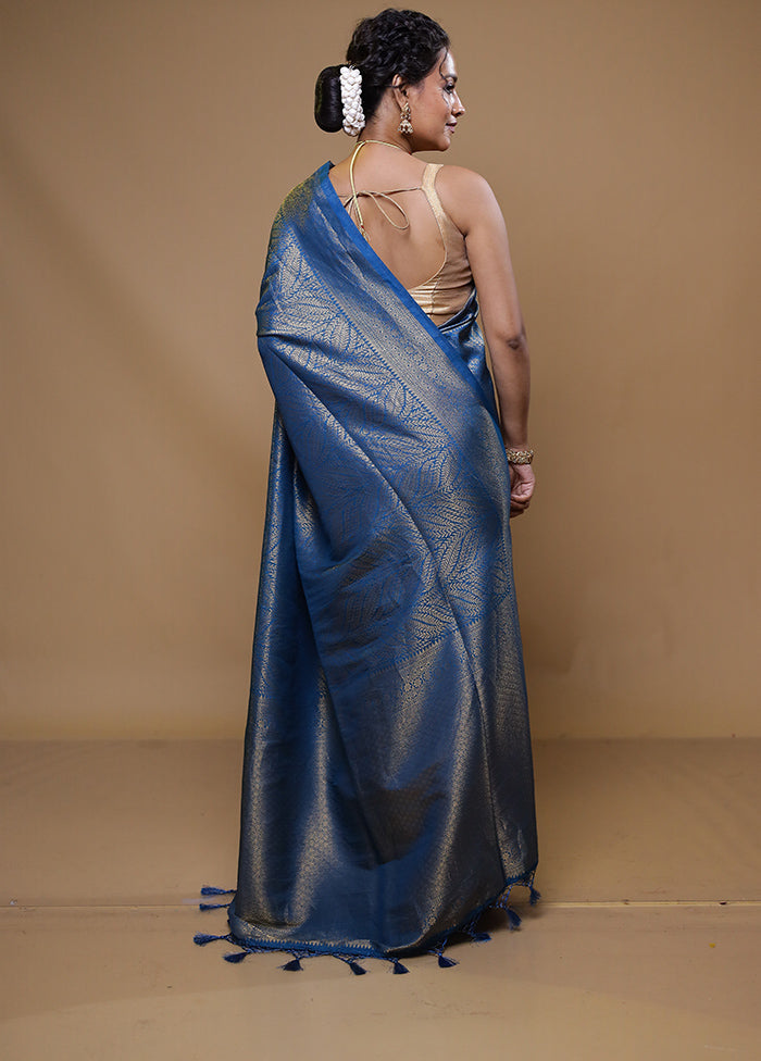 Blue Dupion Silk Saree With Blouse Piece