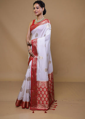 White Dupion Silk Saree With Blouse Piece