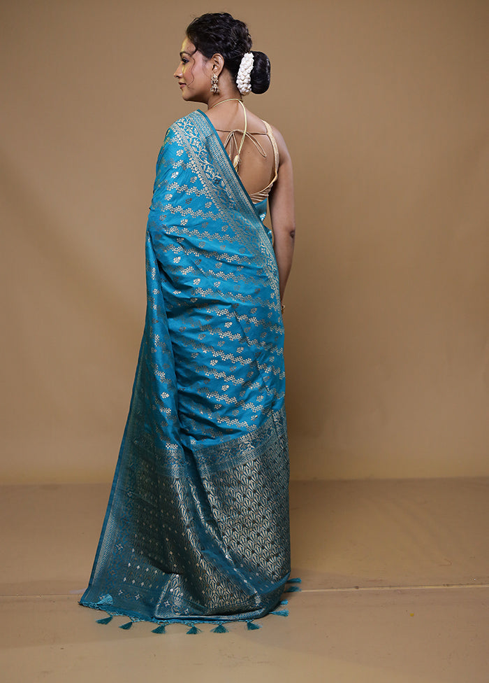 Blue Dupion Silk Saree With Blouse Piece