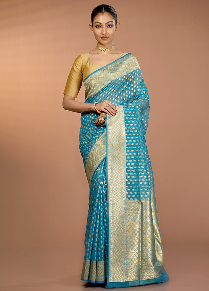 Blue Organza Saree With Blouse Piece