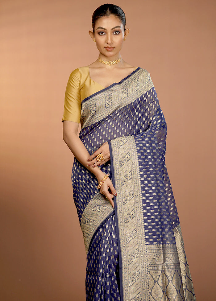 Blue Organza Saree With Blouse Piece