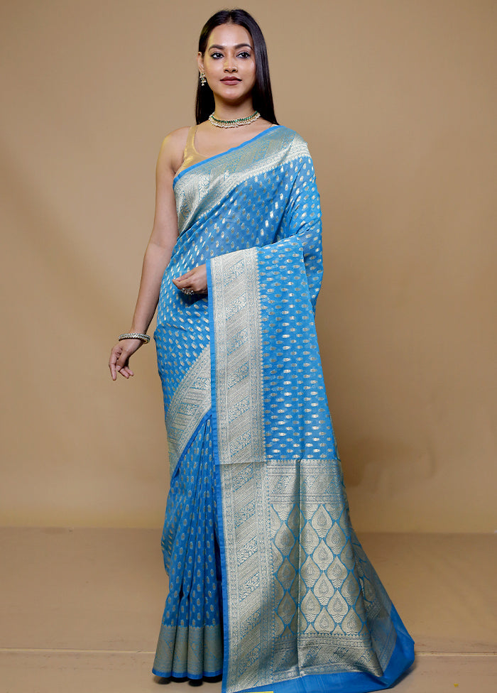 Blue Organza Saree With Blouse Piece