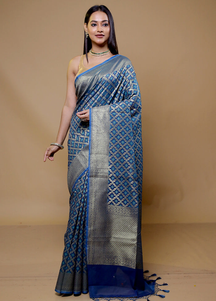 Blue Kora Silk Saree With Blouse Piece