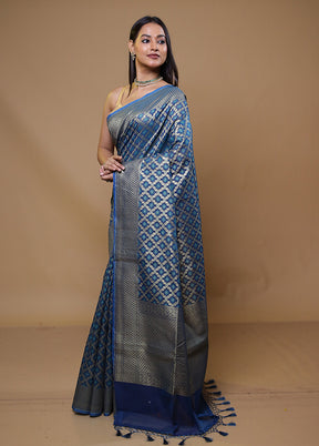 Blue Kora Silk Saree With Blouse Piece