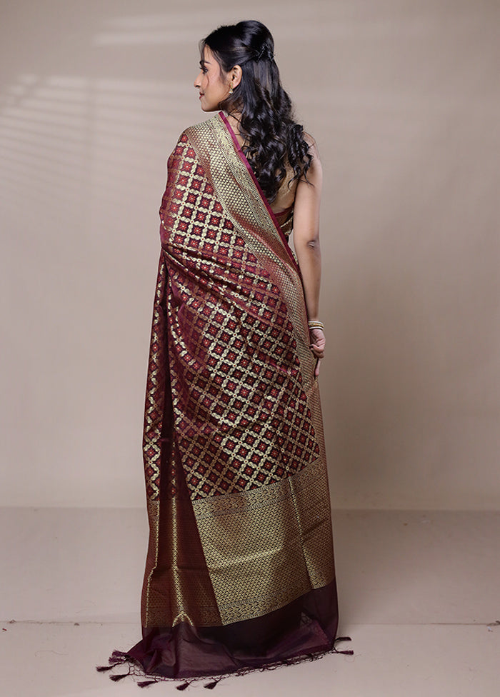 Wine Kora Silk Saree With Blouse Piece