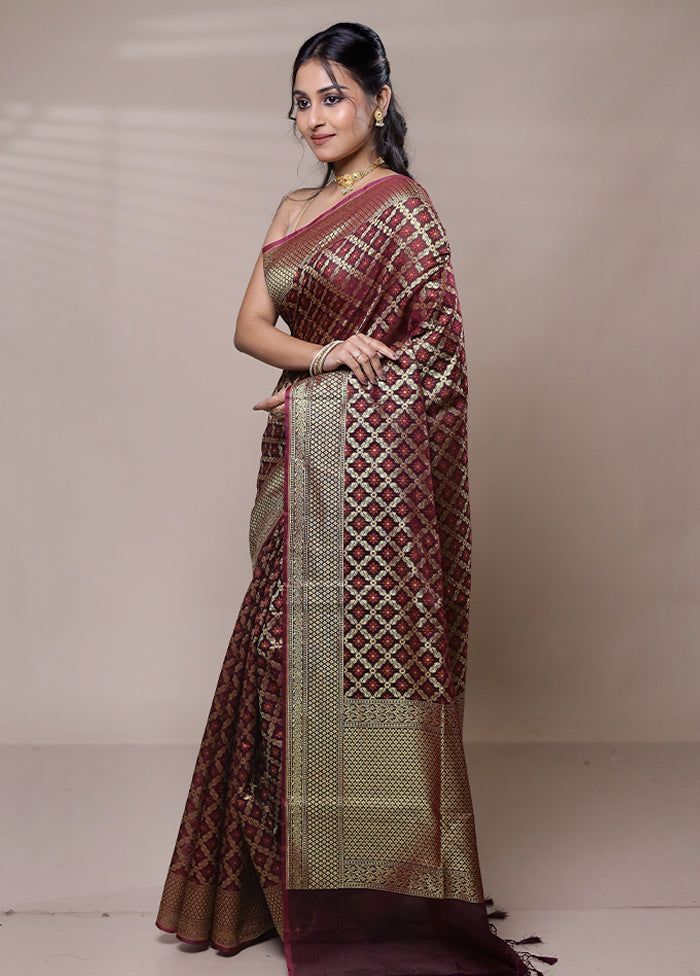 Wine Kora Silk Saree With Blouse Piece