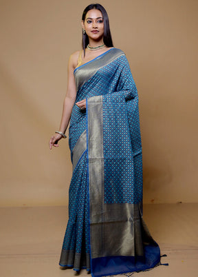 Blue Kora Silk Saree With Blouse Piece