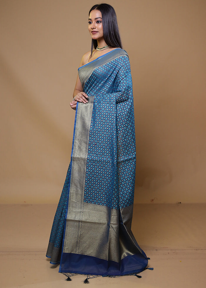 Blue Kora Silk Saree With Blouse Piece