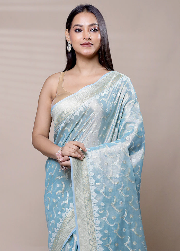 Blue Tissue Silk Saree With Blouse Piece