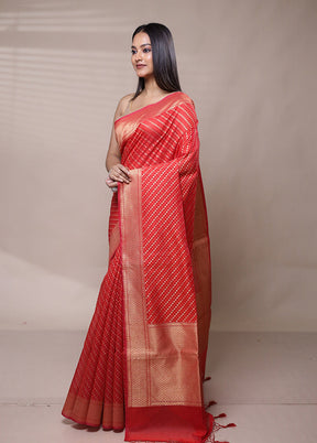 Red Kora Silk Saree With Blouse Piece