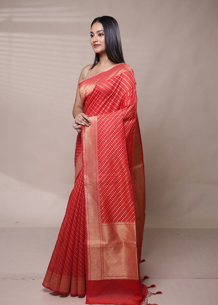 Red Kora Silk Saree With Blouse Piece