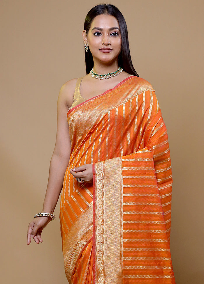 Orange Kora Silk Saree With Blouse Piece