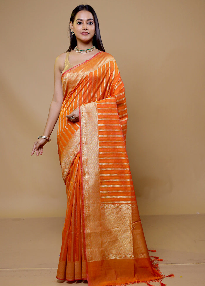 Orange Kora Silk Saree With Blouse Piece