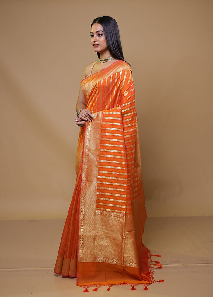 Orange Kora Silk Saree With Blouse Piece