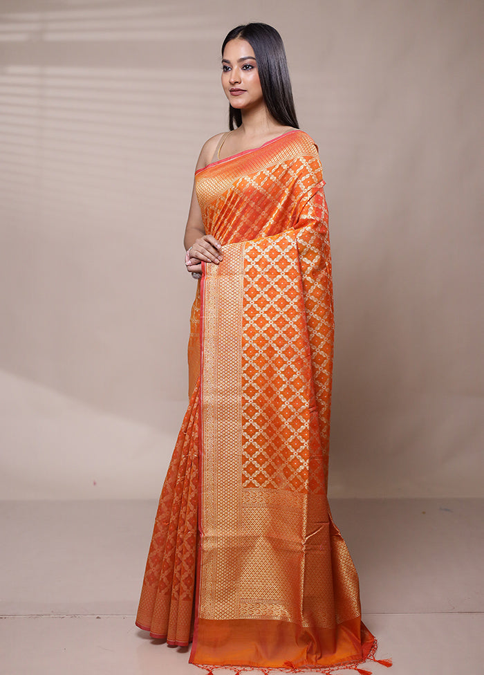 Orange Kora Silk Saree With Blouse Piece