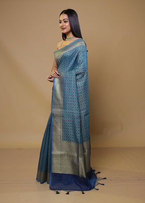 Blue Kora Silk Saree With Blouse Piece