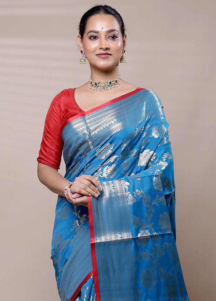 Blue Dupion Silk Saree With Blouse Piece