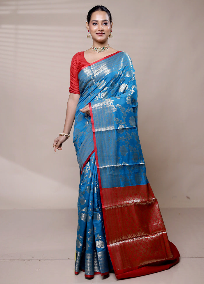 Blue Dupion Silk Saree With Blouse Piece