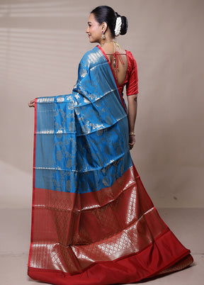 Blue Dupion Silk Saree With Blouse Piece