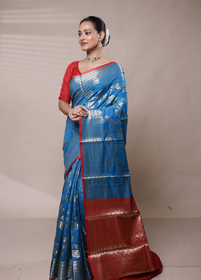 Blue Dupion Silk Saree With Blouse Piece