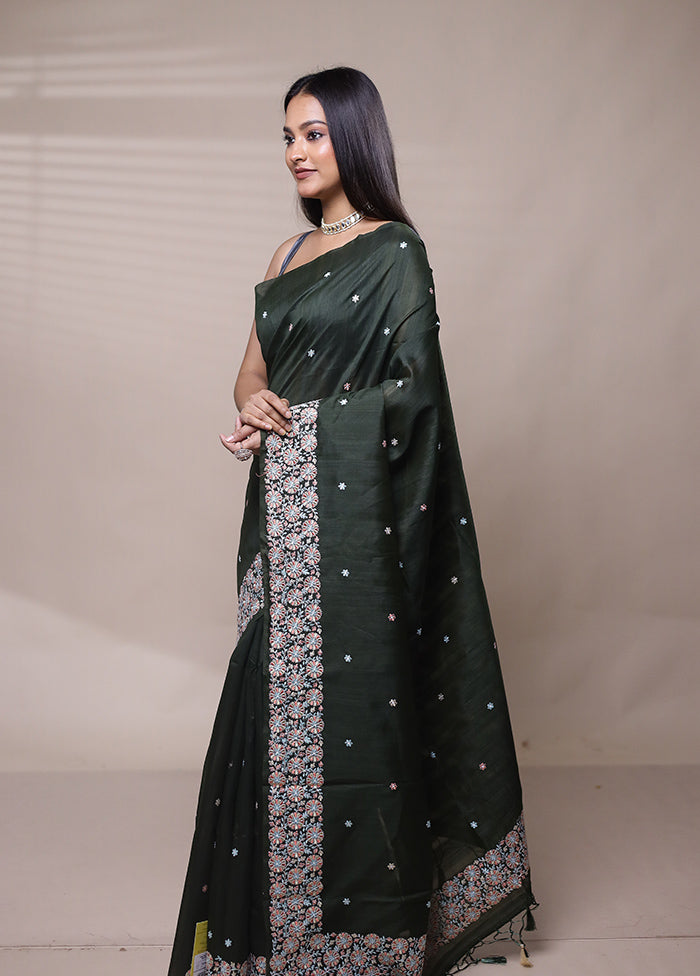 Green Tussar Silk Saree With Blouse Piece